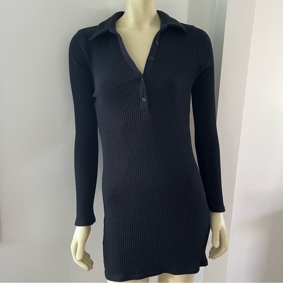 Nwt BDG Urban Outfitters Women’s Rib Polo Bodycon LingSleeve Mini Dress Black L - Picture 1 of 16